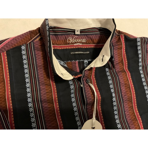 Visconti Uomo Mens Mercerized Cotton Striped Button Down Shirt Black Burgundy M - Picture 2 of 6